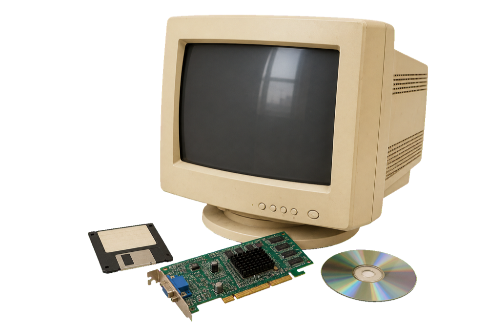 Natürlich gealterter Retro-Röhrenmonitor mit Floppy-Disk, früher AGP-Grafikkarte und CD